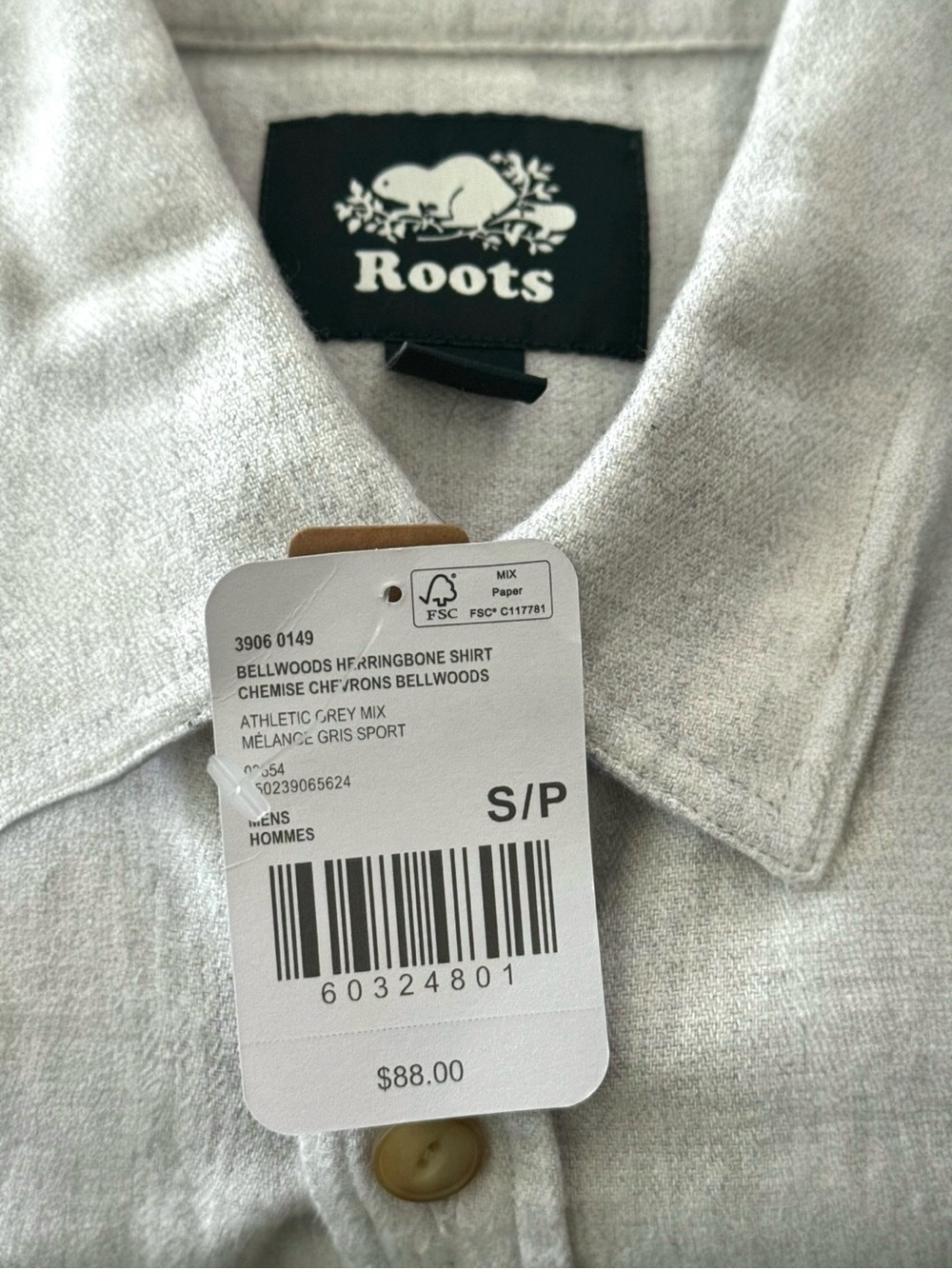 NWT Roots Men Bellwoods Herringbone Shirt Organic Cotton Grey S - Picture 3 of 8
